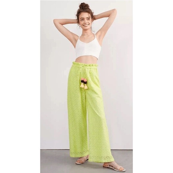 Anthropologie x Ollari NY Lace Wide Leg Pants MED Chartreuse Neon Lime Cottage - Picture 1 of 9